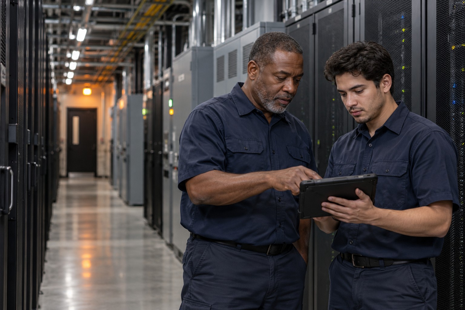 Illustrative scene of two data-center technicians consulting guidance together on a tablet