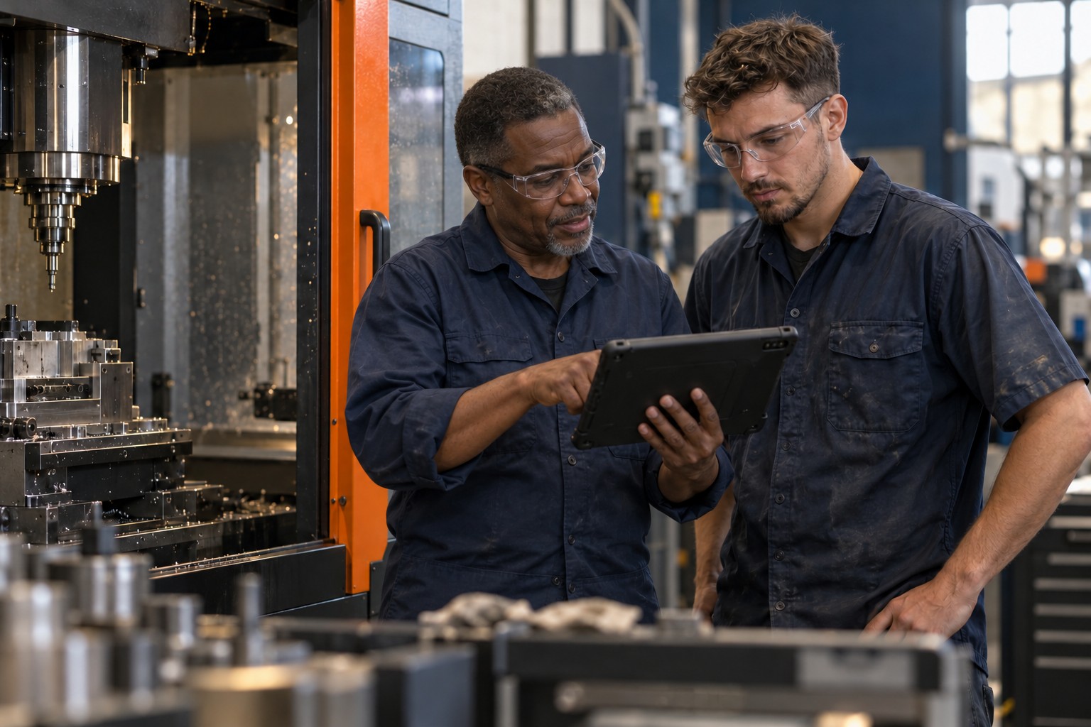 Illustrative scene of experienced manufacturing workers reviewing a task on a tablet
